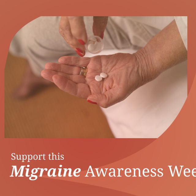 Senior caucasian woman holding pills on hand, emphasizing importance of medication and health during Migraine Awareness Week. Ideal for campaigns promoting health awareness, medical articles, and awareness events.