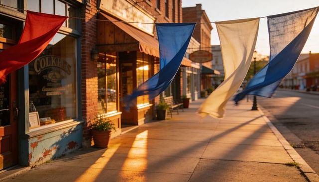 Sunlit banners billowing over quiet small-town main street at golden hour