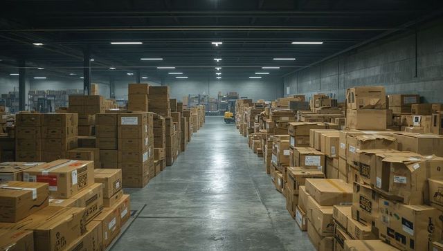 Central aisle leading through warehouse with stacked cardboard boxes and distant pallet jack