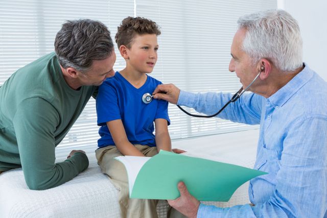Doctor using stethoscope to examine young boy while father looks on with concern. Ideal for illustrating healthcare, family medical visits, pediatric care, and doctor-patient interactions.