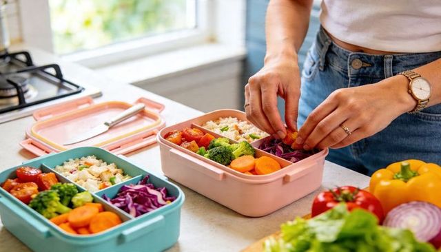 Woman packing colorful bento-style lunch boxes with rice and fresh vegetables