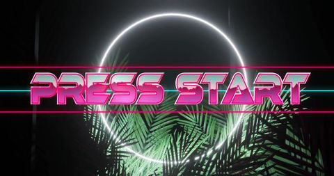 Press Start Text Against Neon Palm Leaf Background - Download Free Stock Images Pikwizard.com