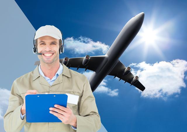 Smiling delivery man wearing a headset and holding a clipboard, standing against a background featuring an airplane in the sky. Ideal for use in logistics, courier services, aviation, customer support, and transportation-related content. Perfect for illustrating concepts of air freight, shipping, and professional delivery services.