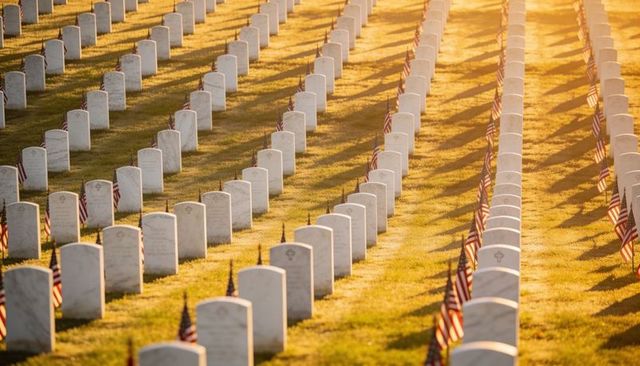 Rows of white headstones with american flags honoring fallen soldiers in golden sunrise