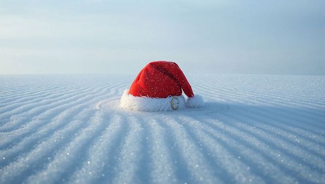 Santa Hat Resting on Rippled Snow Field Evoking Minimalist Winter Holiday Tranquility and Calm
