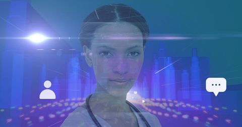 Female Doctor and Digital Interface with Futuristic Cityscape Model