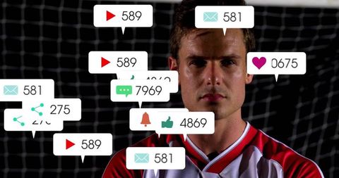Athlete with Social Media Pop-ups on Soccer Field at Night