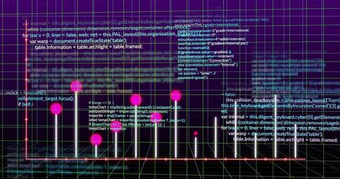 Holographic data skyline: rising neon light columns, magenta spheres and code grid
