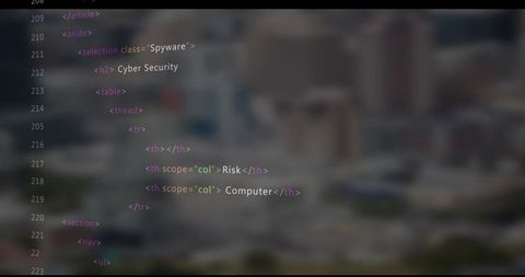 Code editor overlay on urban skyline background for tech themes