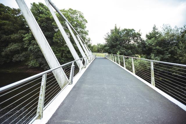 Modern pedestrian bridge spanning over a river in a lush green park. Metal railings and sleek design create a contemporary look. Ideal for use in travel blogs, urban design presentations, nature-themed websites, and scenic view promotions.