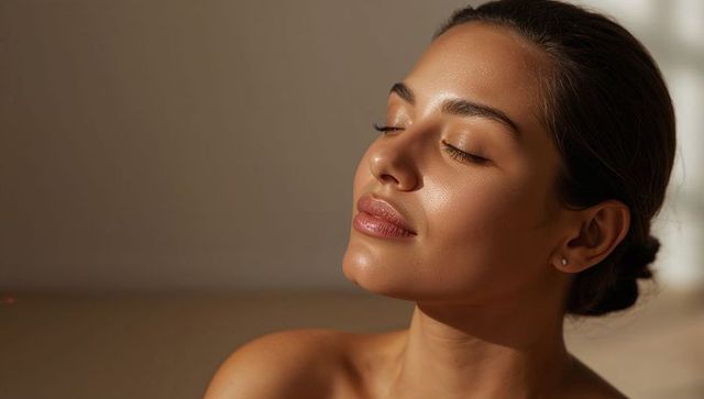 Serene woman basking in warm light, eyes closed, glowing skin, minimalist beauty portrait