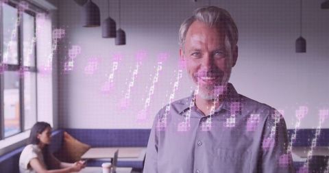 Smiling Man in Modern Office with DNA Structure Overlay