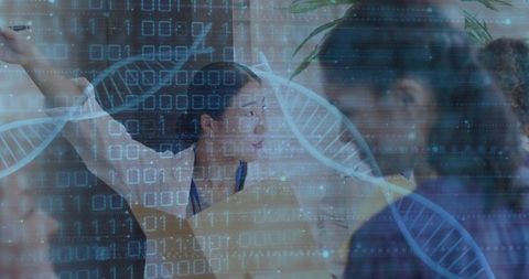 Korean woman leading biotech team meeting with dna binary data overlay for research lab