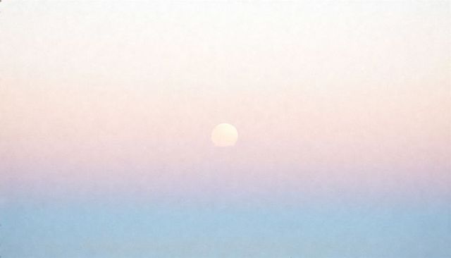 Minimalist pastel sunrise with pale sun orb floating above soft gradient horizon at dawn