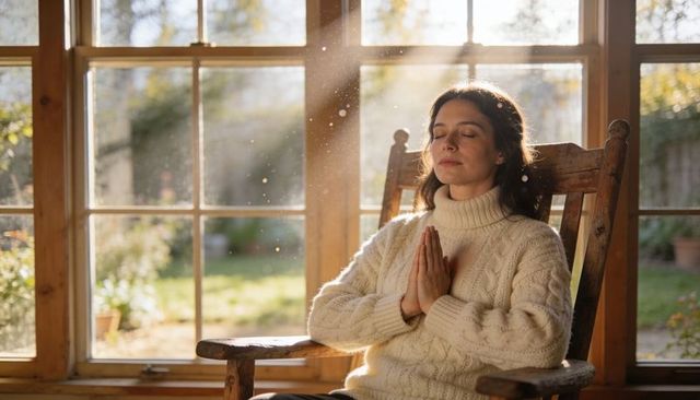 Woman meditating in cozy cable-knit sweater on wooden rocking chair by sunlit window