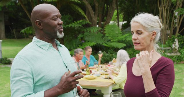 Senior African American Man and Caucasian Woman Chatting at Outdoor Picnic - Download Free Stock Images Pikwizard.com