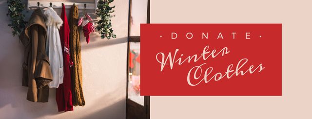 Vibrant winter clothes banner emphasizes a seasonal donation drive, featuring a cozy coat, scarves, and sweaters hung on hooks. Useful for charity websites, social media posts, and promotional materials for winter clothing donation campaigns.