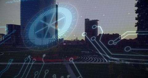 Holographic compass overlay and circuit design in city park at dusk