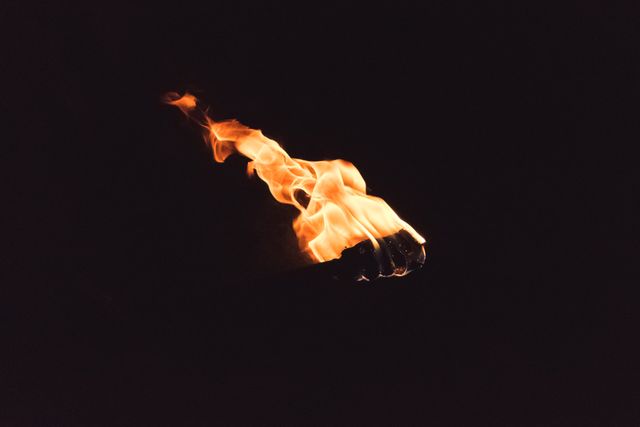 Burning torch creating bright flames amidst darkness. Great for themes of survival, mystery, adventure, fire safety, and night-time activities. Useful for presentations, articles, and websites focusing on historical reenactments or outdoor events.