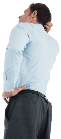 Transparent tensed businessman touching his head downcast