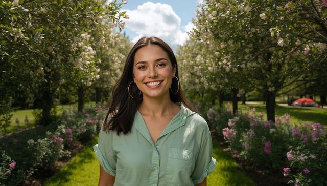 Smiling Woman Strolling Through Blossoming Orchard in Springtime