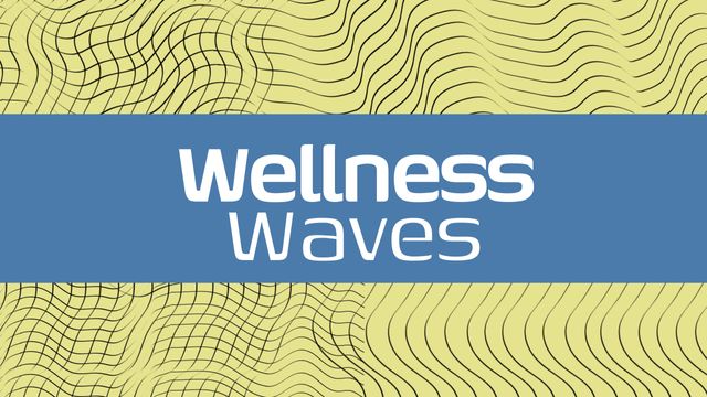 Colorful wavy lines and typography design with 'Wellness Waves' text in white on blue band over intricate black wavy lines on yellow background. Perfect for wellness and fitness programs, advertising materials, social media posts, banners, and health-related events.