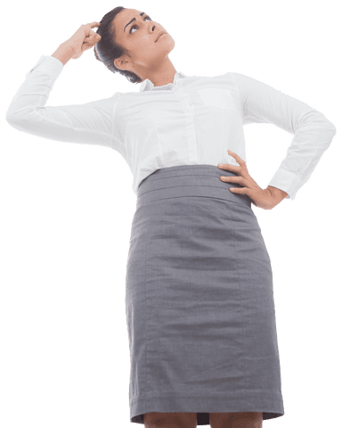 Transparent thoughtful businesswoman contemplating decision pose