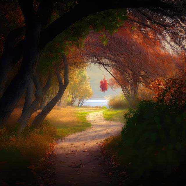 Forest scenery with trees, lake and pathway created using generative ai technology. Autumn, landscape and nature concept digitally generated image.