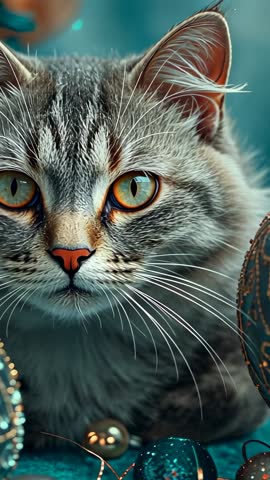 Vertical video Gray tabby cat staring with amber eyes among teal and gold ornaments, zooming