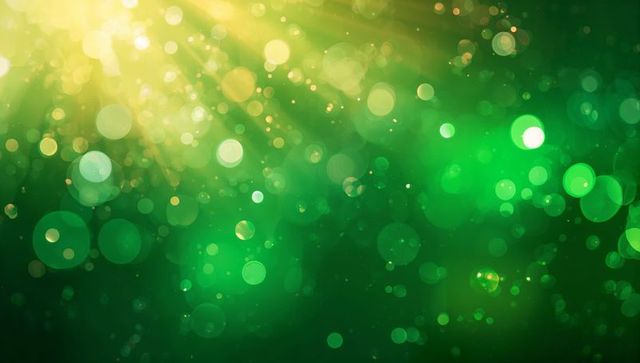 Shimmering Green Bokeh Glow Featuring Sunbeams, Floating Light Particles and Soft Halos