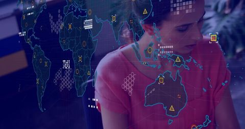 Businesswoman Analyzing Financial Data with World Map Overlay