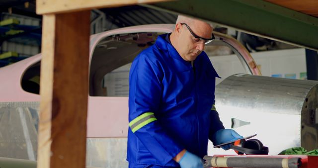 Aviation Mechanic Wearing Safety Glasses and Blue Protective Suit Working on Aircraft - Download Free Stock Images Pikwizard.com