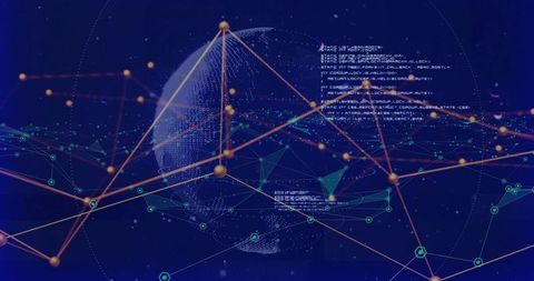 Animating holographic globe connecting neon network nodes and cyber data visualization