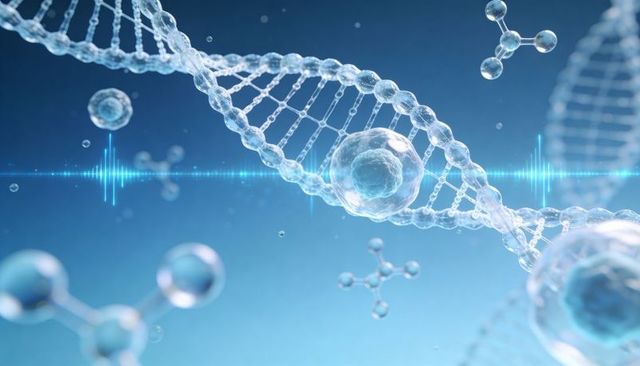 Glass-like dna double helix with floating cells and molecular models on blue waveform
