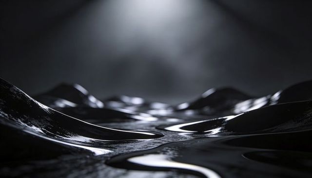 Glistening black liquid landscape reflecting spotlight over undulating metallic surface
