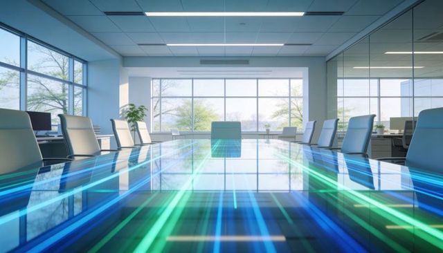 Futuristic conference table reflecting blue green data streaks in modern office