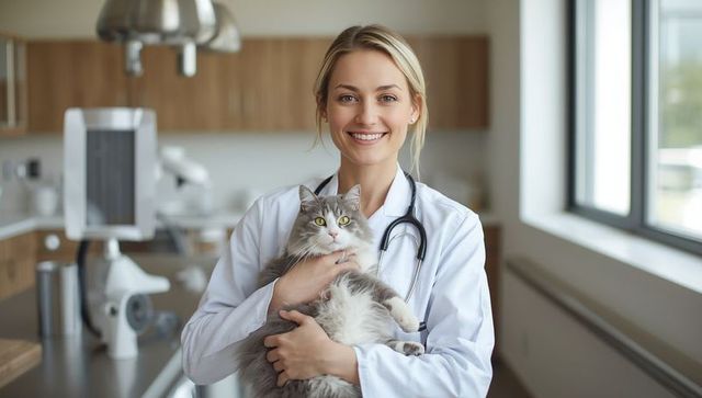 Smiling Veterinarian Holding Cat in Veterinary Clinic