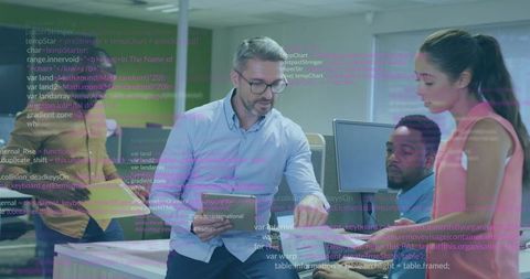 Manager Pointing and Guiding Team Collaborating on Code and UX in Modern Open Office