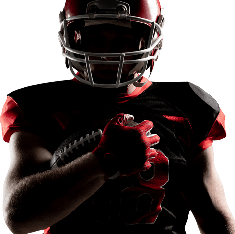 Transparent silhouette of american football player holding ball passionately