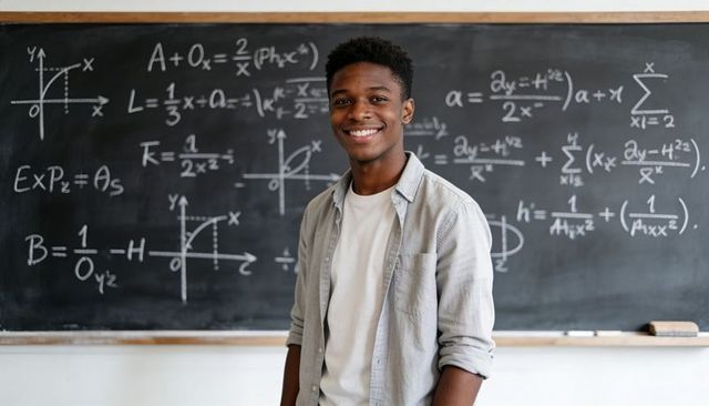 Smiling teen student standing before chalkboard filled with algebra equations and graphs