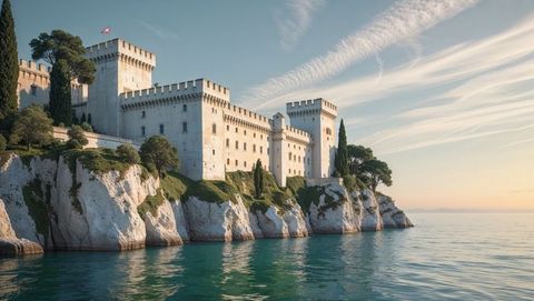 Medieval fortress overlooking turquoise ocean cliff edge in trieste, italy