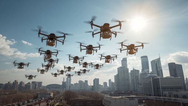 Hovering autonomous delivery drone fleet over futuristic city skyline carrying cargo pods