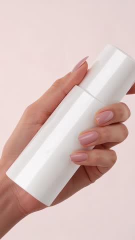 Hand rotating white cosmetic bottle on pink background showcasing luxe skincare packaging