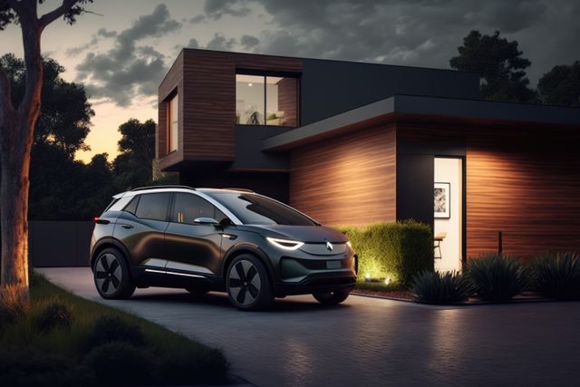 This image portrays a modern electric car parked in the driveway of a stylish contemporary house at dusk. The warm lighting of the house contrasts with the cool exterior of the car. Suitable for promoting eco-friendly vehicles, sustainable living, or contemporary suburban lifestyle. Great for websites and advertisements focused on modern technology, architecture, or environmentally conscious products.