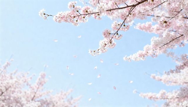 Soft sakura breeze: falling pink cherry blossom petals against clear blue spring sky
