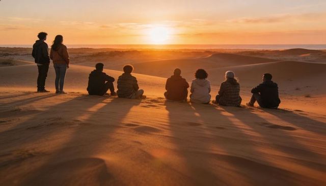Watching sunset over desert dunes, group of travelers silhouetted in golden hour, sharing quiet mome