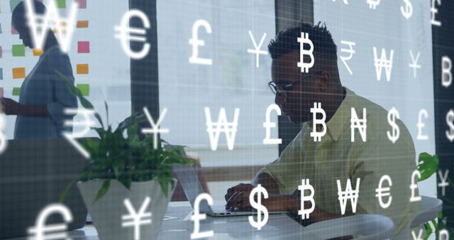 Businessman Using Laptop in Office with Currency Symbols Overlay - Download Free Stock Images Pikwizard.com