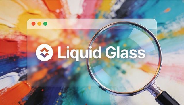 Liquid glass magnifying effect on translucent ui panel over vibrant abstract paint