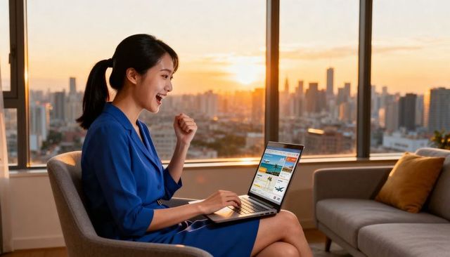 Asian woman booking travel online at sunset in high-rise apartment with city skyline view