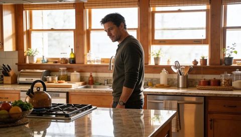 Man standing gazing at kitchen island in sunlit rustic home, cozy morning reflection